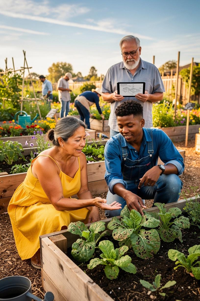 Illustration of a diverse group of community members collaborating on solving local issues with actionable plans and educational resources in a Canadian neighborhood setting