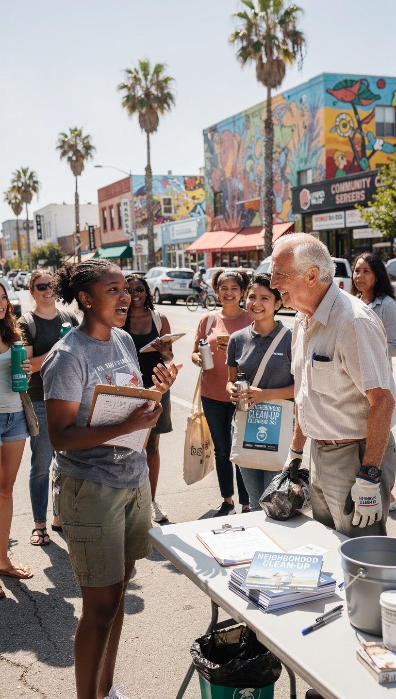 Illustration of a community meeting with diverse residents discussing local issues and brainstorming practical solutions together.