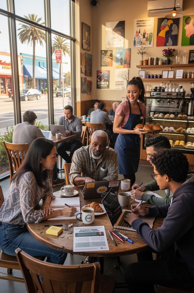 Illustration of a diverse group of community members collaborating around a table with charts and laptops, symbolizing local problem-solving and actionable solutions.