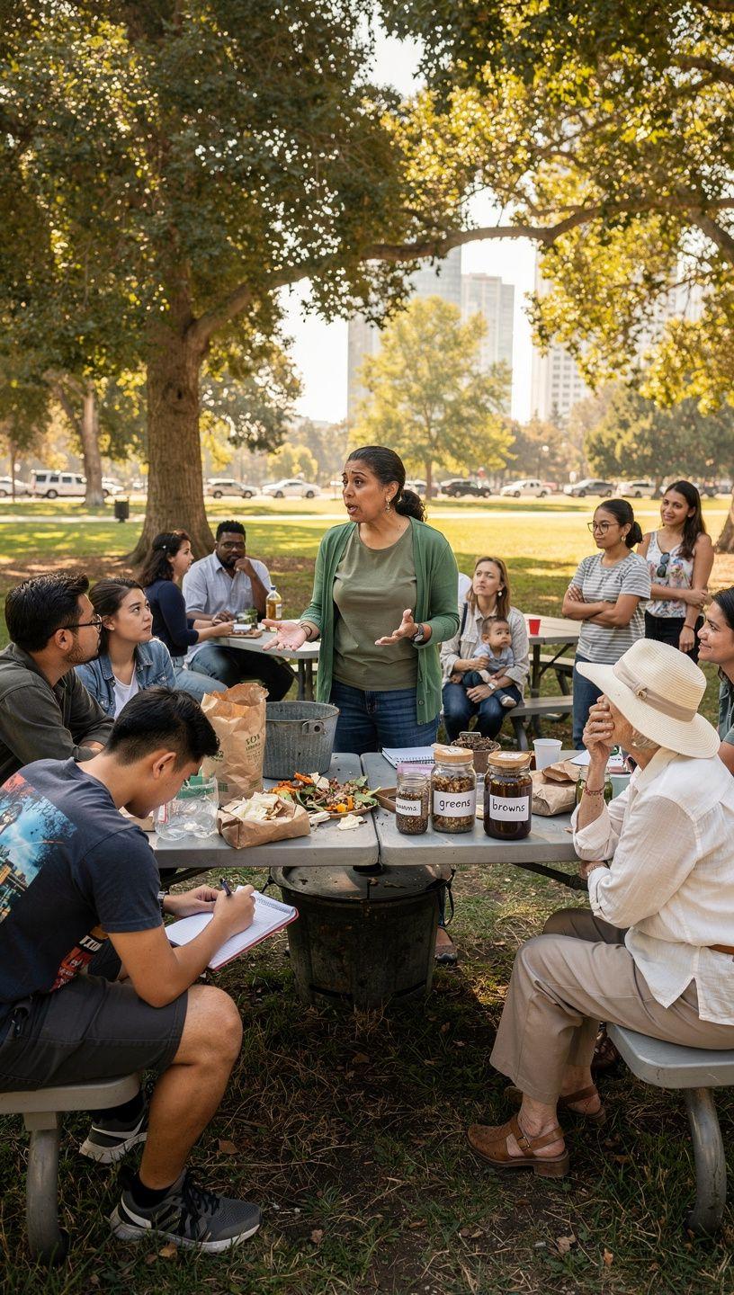 Illustration of a community meeting in a local park discussing neighborhood challenges and practical solutions with diverse participants and clear informational posters.